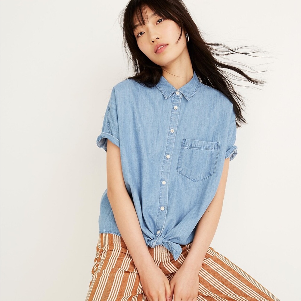 Madewell Denim Short Sleeve Tie Front Shirt
